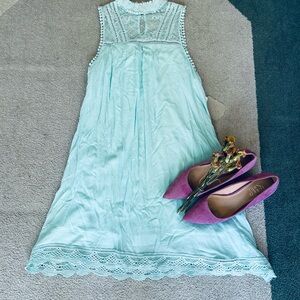 Altar'd State Lace Trim Aqua Blue Midi Dress